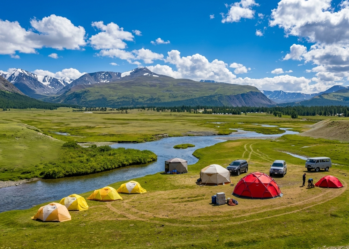 Khoton lake, Baga Turgen River temporary camp of Kazakh Tours