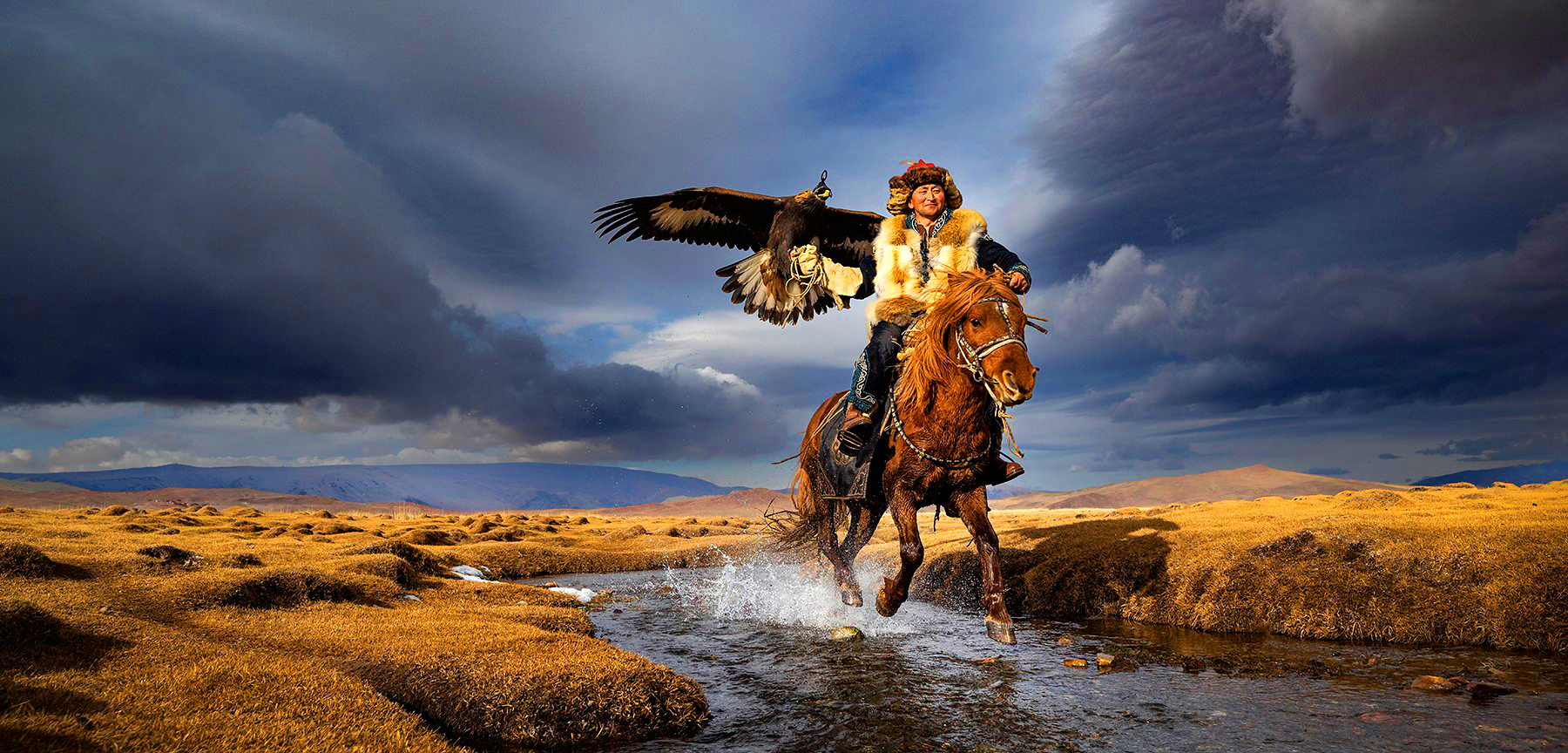 Kazakh eagle hunter holding a golden eagle