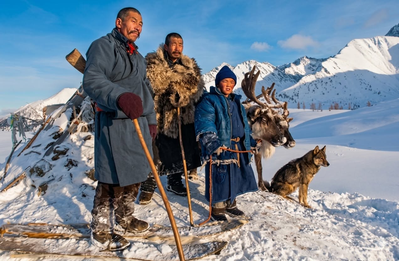 Reindeer tsaatan people of taiga