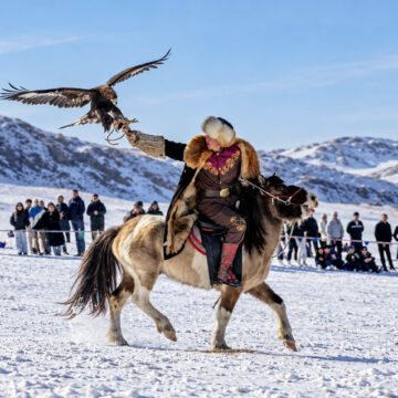 eagle hunter calling his eagle - spring eagle festival